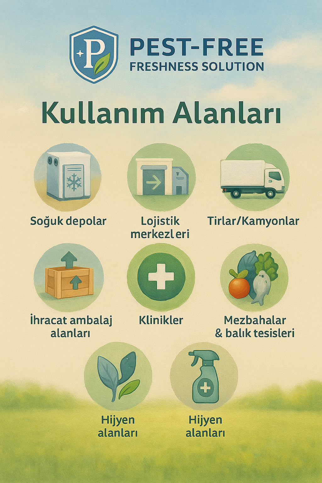 Pest-Free kullanım alanları: soğuk depolar, lojistik merkezleri, tırlar, market ve dağıtım, ihracat, klinikler, mezbahalar, balık tesisleri, kasaplar ve hijyen alanları